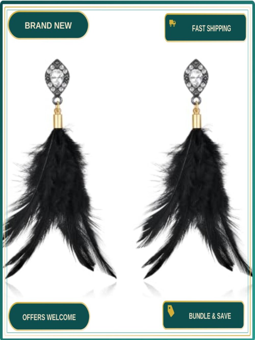Crystal Feather Tassel Dangle Earrings Goth Halloween Costume Jewelry